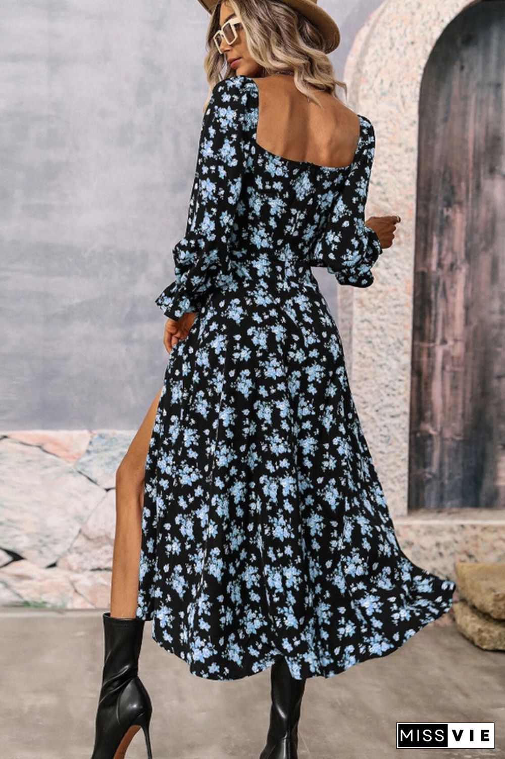 Floral Printed Square Neck Split Collar High Split Maxi Dress