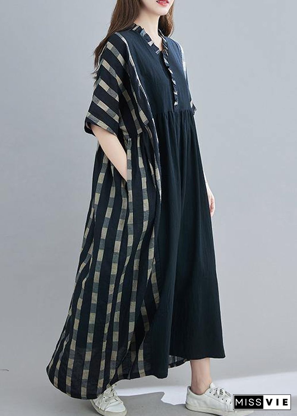 100% V Neck Patchwork Spring Clothes Sleeve Black Plaid Maxi Dress