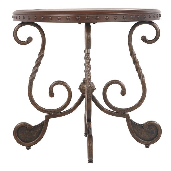 Round End Table With Nailhead Accented Top and Scrolled Base， Brown - 24.88 H x 26.63 W x 26.63 L Inches