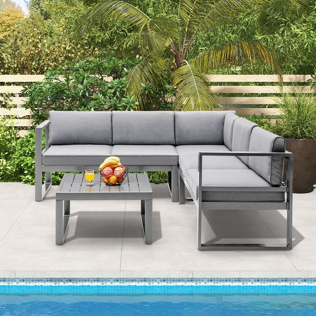 Tangkula 4pcs Aluminum Outdoor Conversation Set Patio Furniture Set W Coffee Table amp Cushions Gray