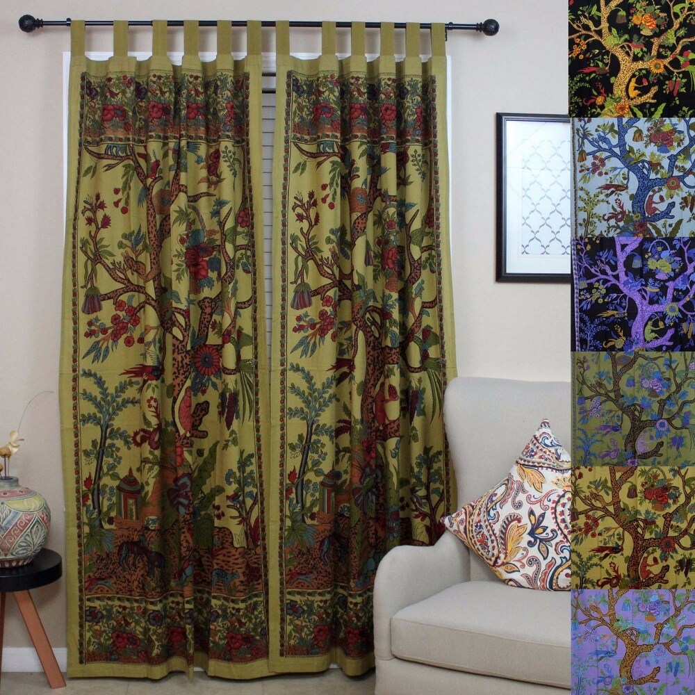 Handmade Cotton Tree of Life Tab Top Curtain Drape Panel   44 x 88 inches