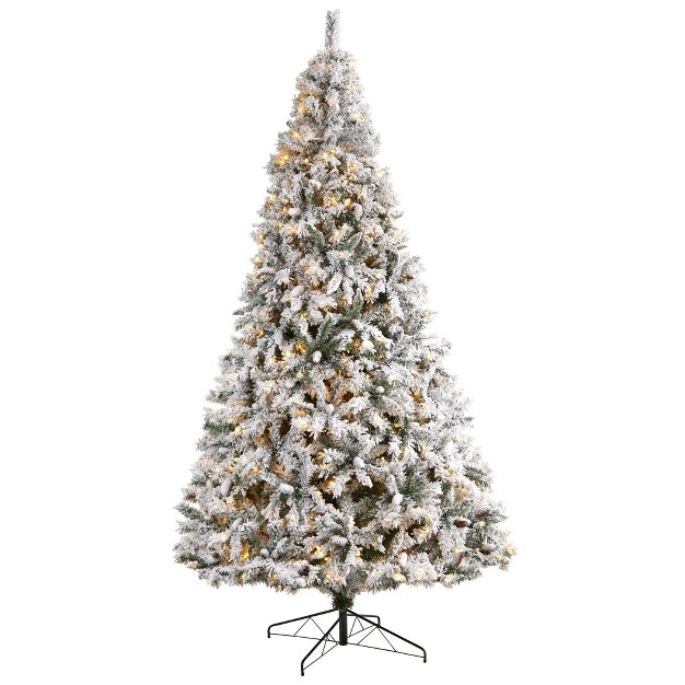 Nearly Natural 10-ft Flocked White River Mountain Pine Christmas Tree With Pinecones And 800 Clear Led Lights