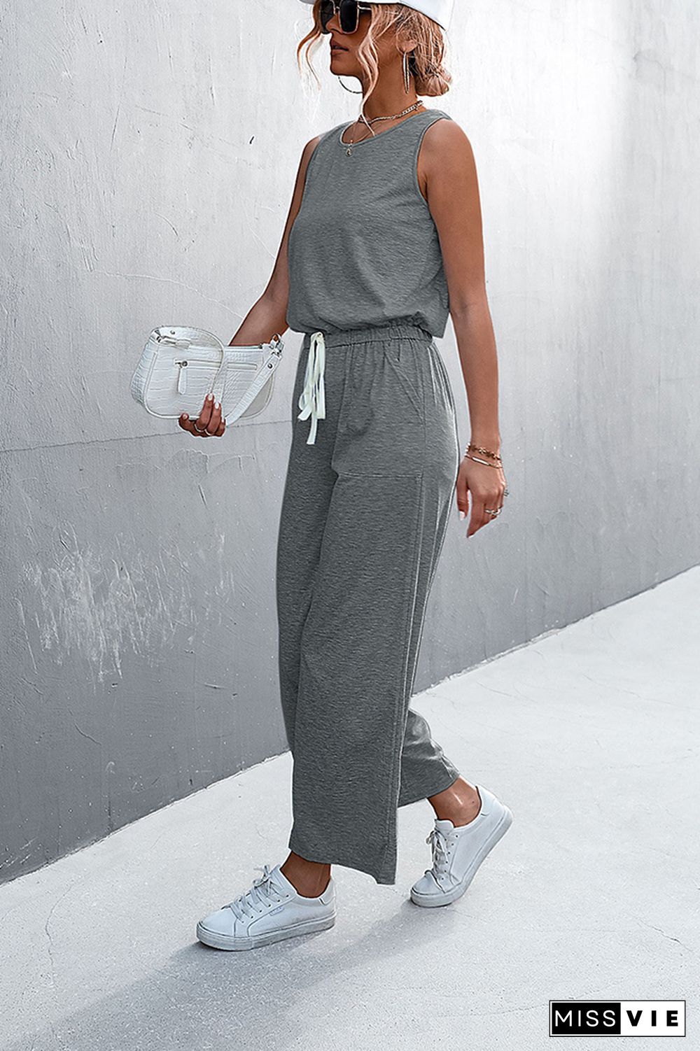 Solid Sleeveless Drawstring Waist Jumpsuit Wholesale