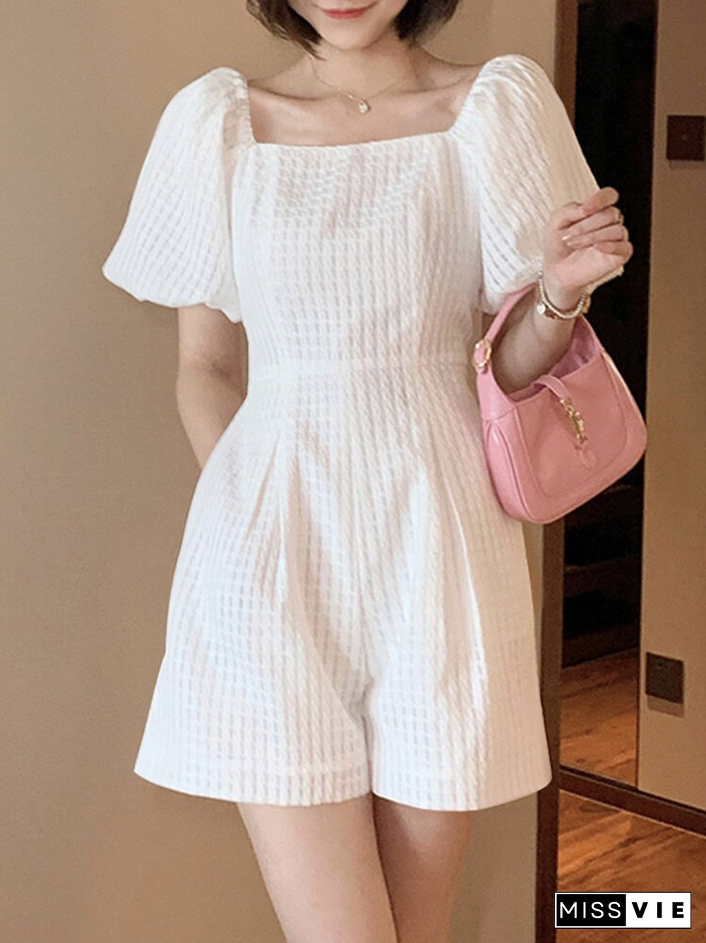 Solid Textured Pocket Puff Sleeve Square Collar Romper