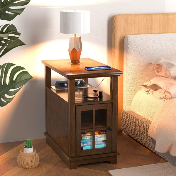 End Table with Charging Station， Narrow Side Table with Storage， Nightstand for Small Spaces with USB - as picture