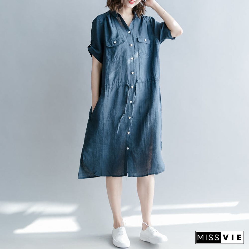 boutique navy linen dresses oversize linen clothing dresses short sleeve pockets Turn-down Collar midi dress