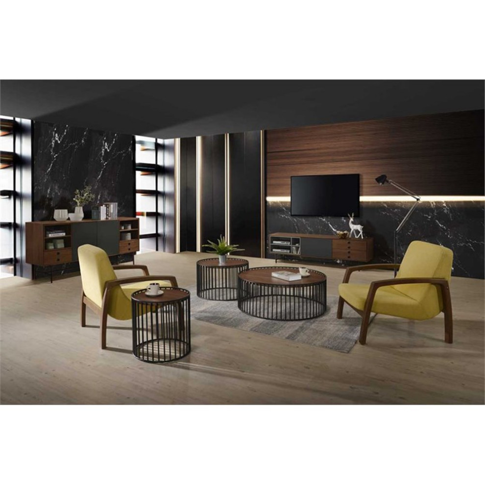 Modrest Bronson Round Modern Metal  ampVeneer End Table in Walnut/Black   Industrial   Side Tables And End Tables   by Homesquare  Houzz