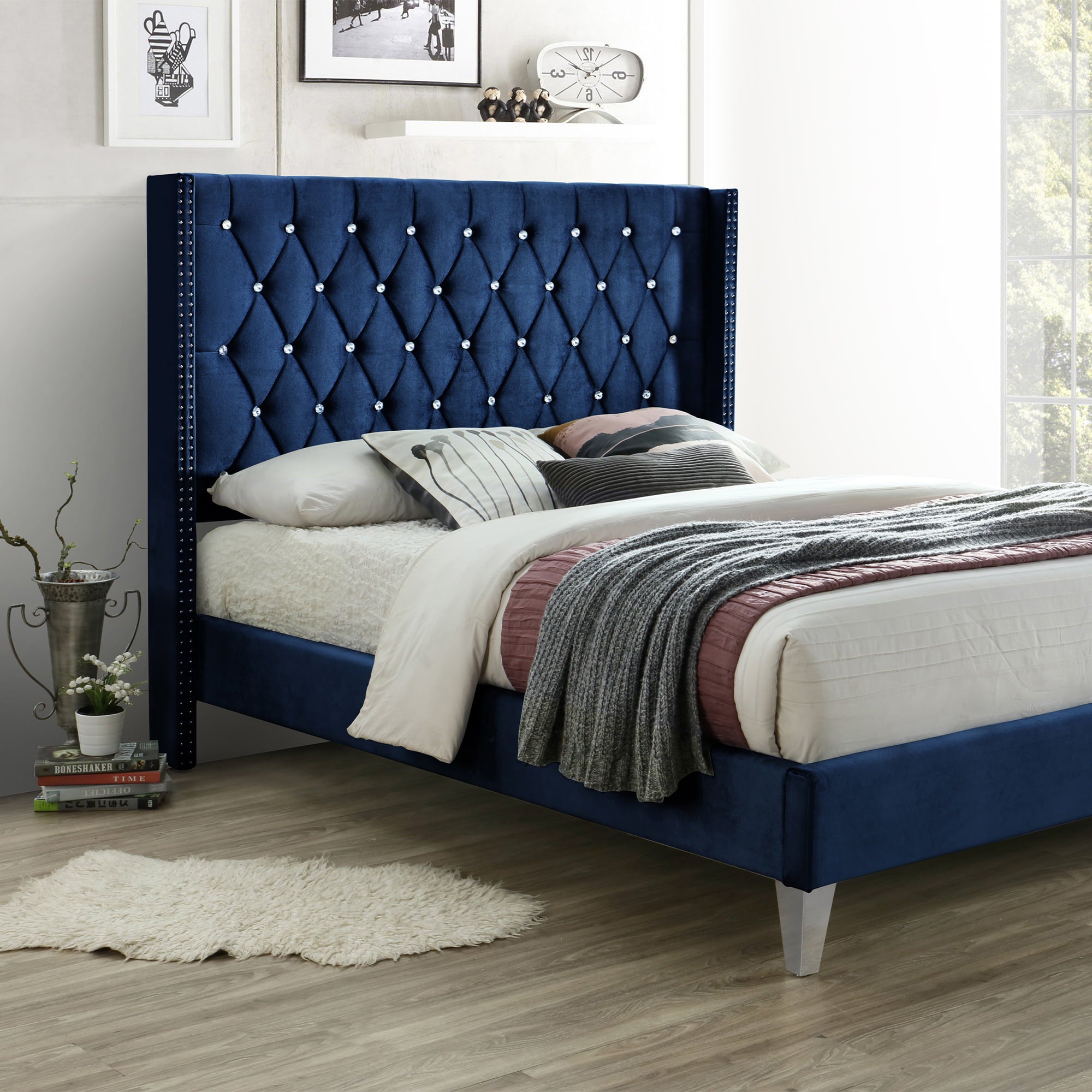 Better Home Products Alexa Velvet Upholstered Full Platform Bed in Blue