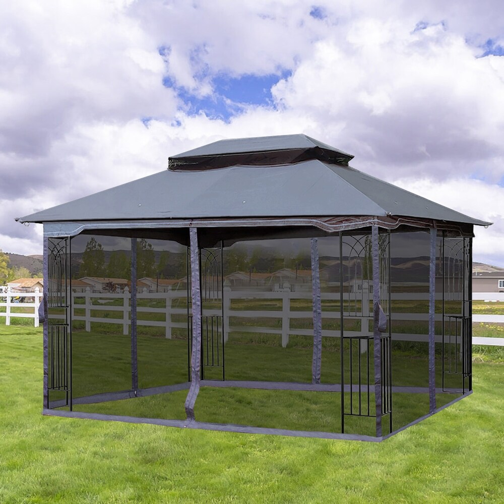 13' x 10' Outdoor Patio Garden Gazebo Canopy  Outdoor Shading with Steel Roof  2 Tier Roof Gazebo Tent With Curtains