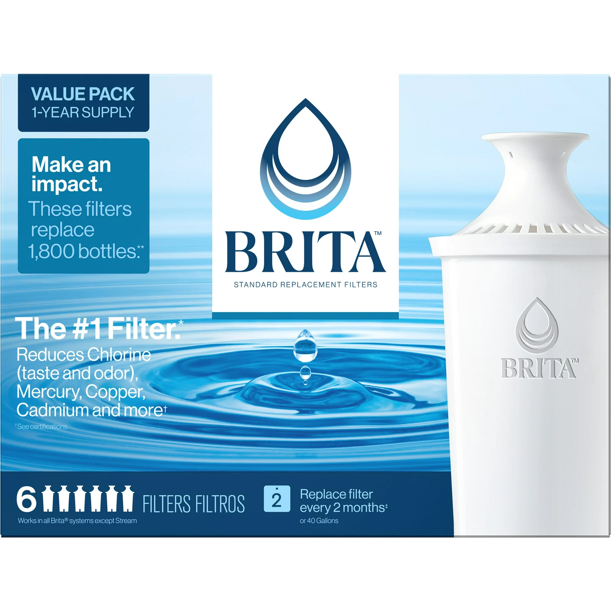 Brita Standard Water Filter， Replacement Filter for Pitchers and Dispensers， 6 Ct