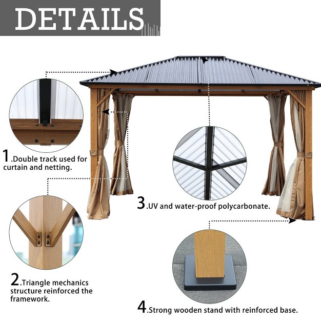 Aoodor Gazebo Polycarbonate Roof Wooden Print Aluminum Frame With Mosquito Netting And Curtain