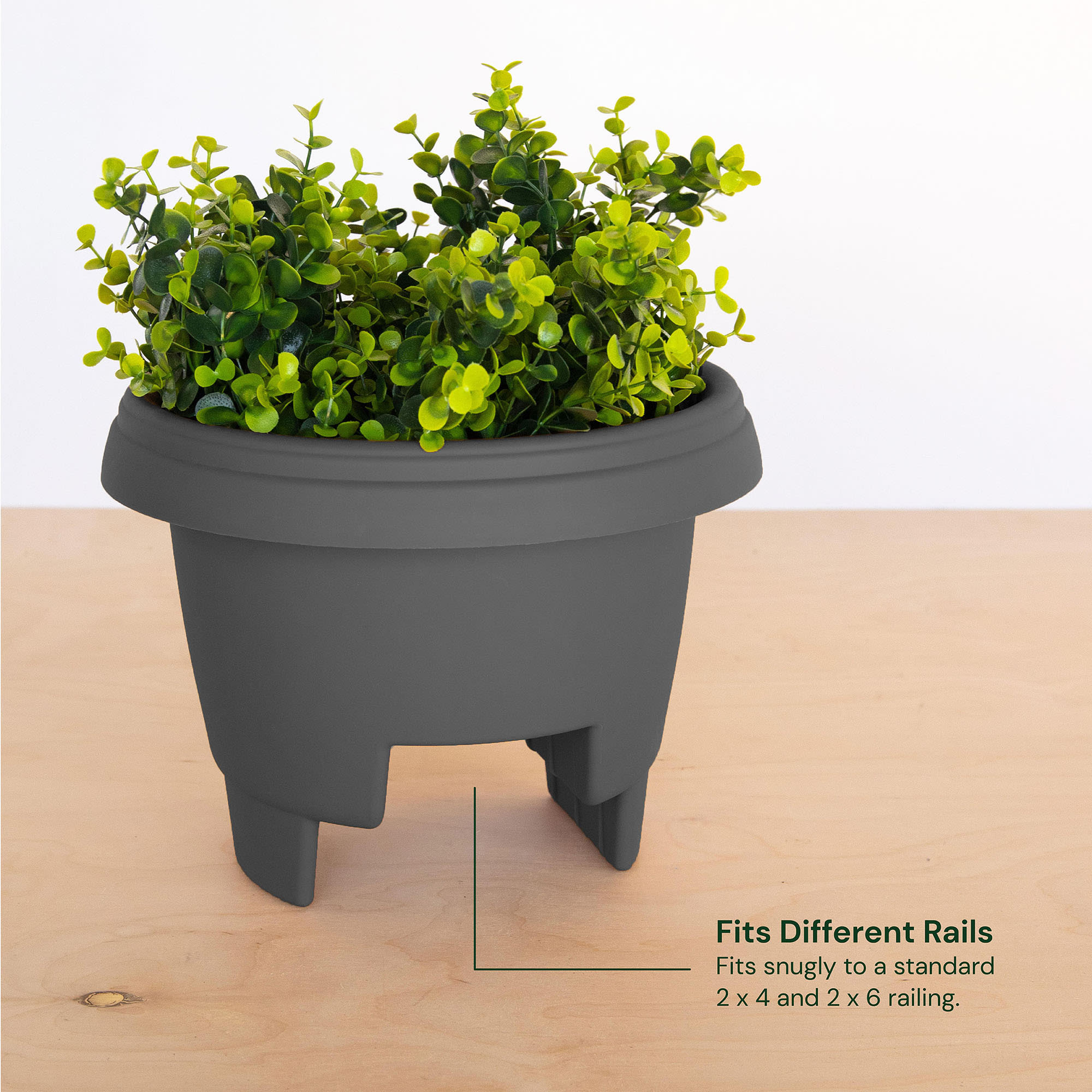 Bloem Modica Deck Rail Round Planter: 24" - Charcoal Gray - Matte Finish, Fits Rail Sizes 4.75"-5.75", Durable Resin Pot, For Indoor and Outdoor Use, Gardening, 4 Gallon Capacity