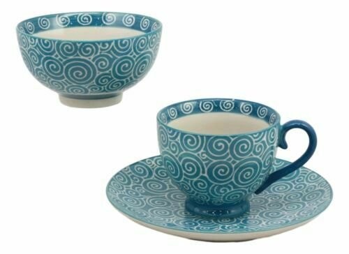 1 Aqua Blue Swirls Contemporary Designer Ceramic Dinnerware Bowl Mug Plate Set EBR02