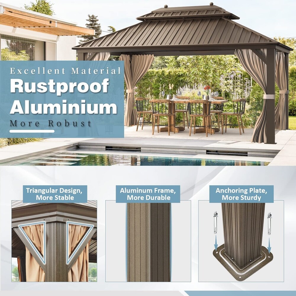 Outdoor Galvanized Steel Hardtop Patio Gazebo Pergola w/Aluminum Frame  Prime Curtains and nettings include