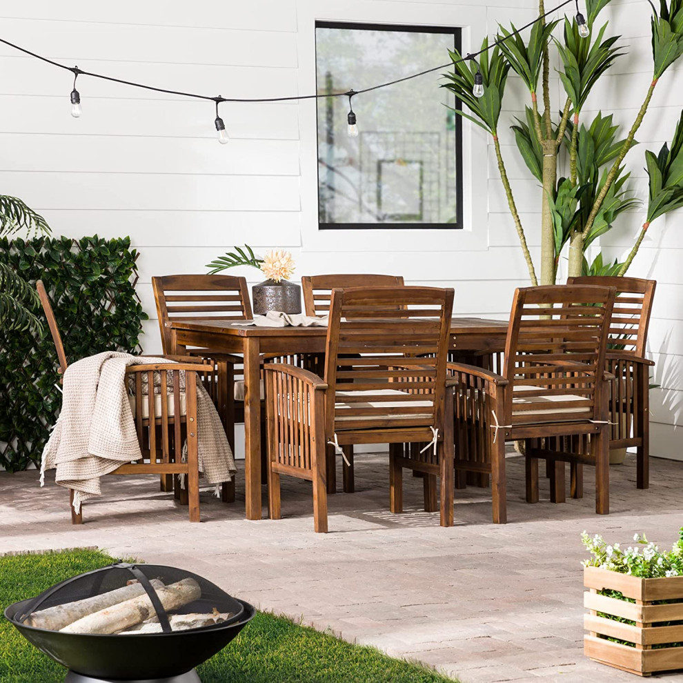 7 Pieces Patio Dining Set  Acacia Wood  Large Table and Slatted Cushioned Chairs   Transitional   Outdoor Dining Sets   by Decor Love  Houzz