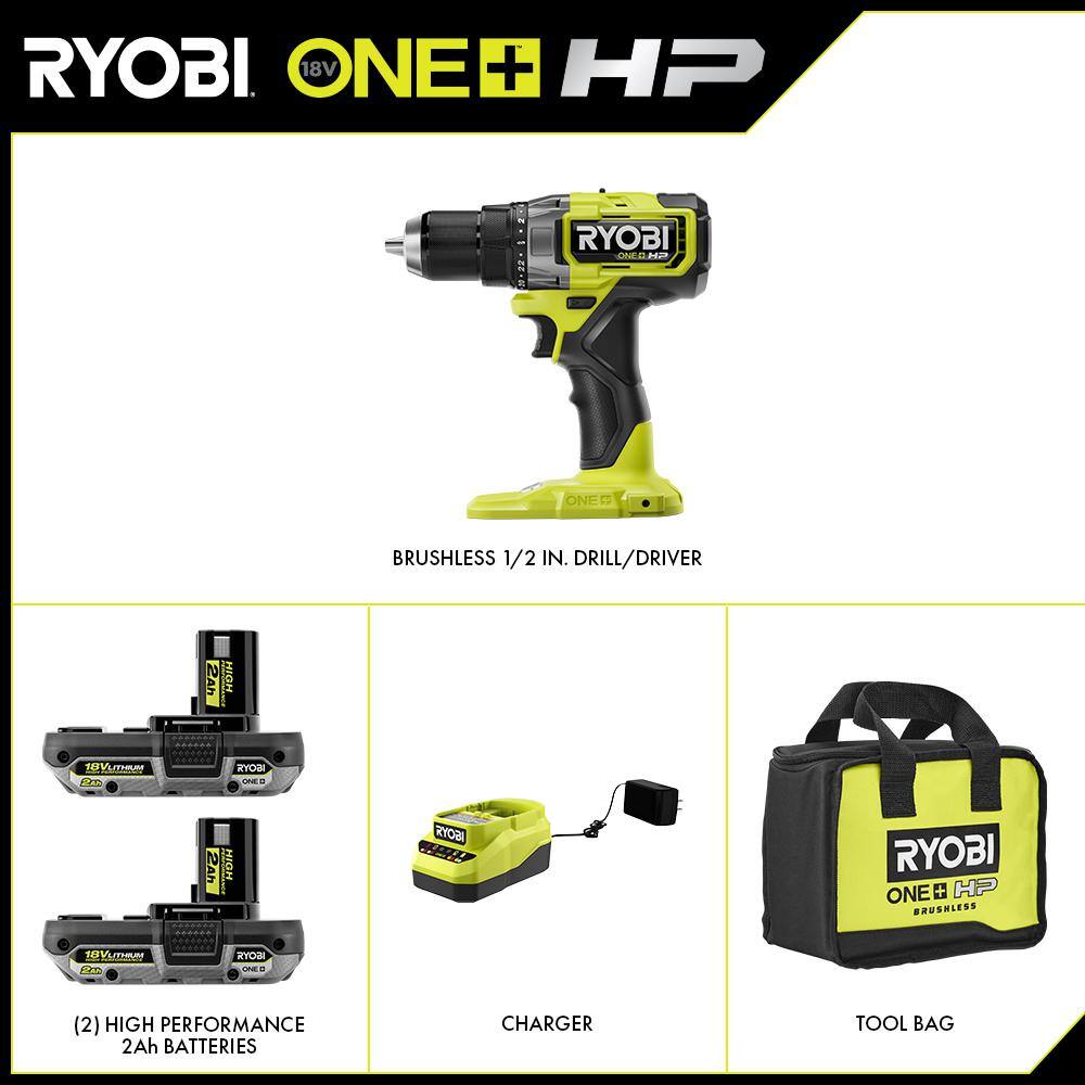 RYOBI ONE+ HP 18V Brushless Cordless 2-Tool Combo Kit with DrillDriver Batteries Charger and Bag with Extra 2.0 Ah Battery PBLDD01K-PBP003