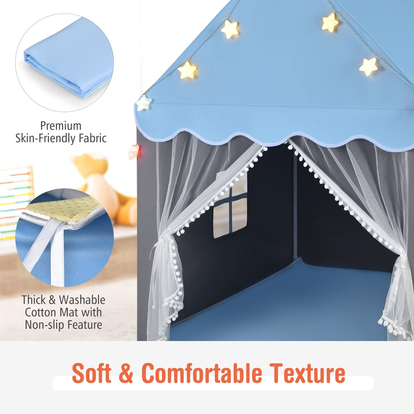 Costzon Kids Play Tent, Playhouse Tent w/ Washable Cotton Mat, Star String Lights