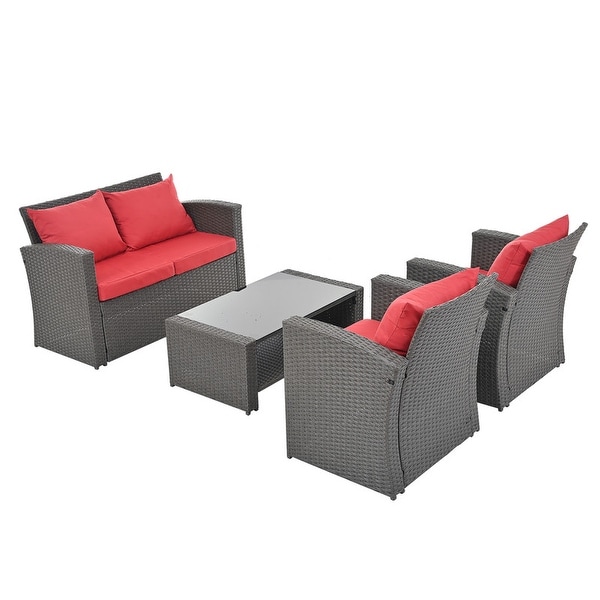 Outdoor Patio Furniture Rattan Outdoor Sofa Set Tempered Glass Table 4 Pillows Shelves Storage Waterproof Fabric