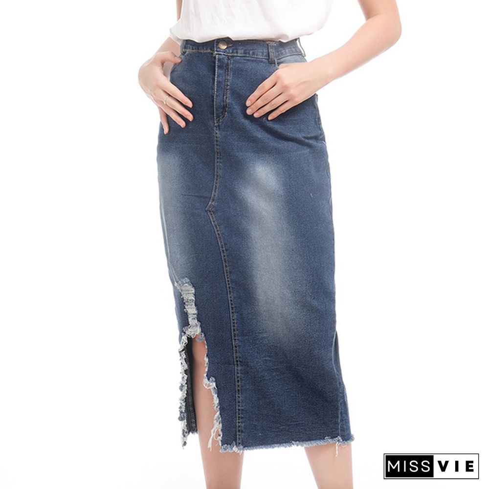 Women Fashion High Waist Ripped Denim Skirt Distressed Jeans Skirts Street Style Destroyed Bodycon Skirts