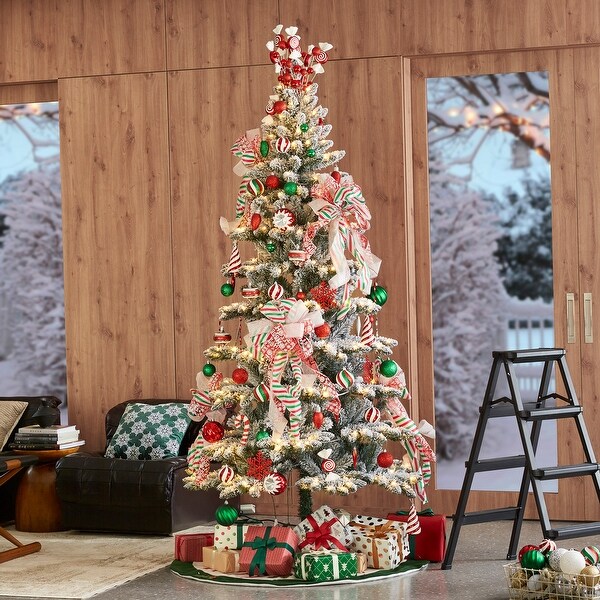 Glitzhome 7.5ft/9ft PreLit Flocked Slim Spruce Artificial Christmas Tree with Warm White Lights