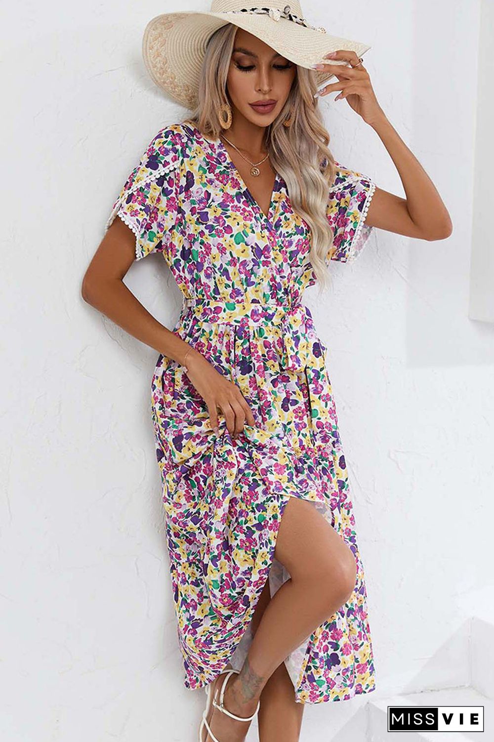 Wrap V Neck Tulip Sleeves Maxi Floral Dress