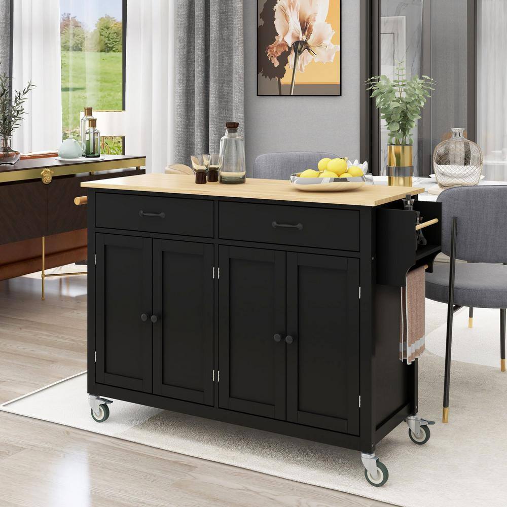 54.3 in.W Black Wood Kitchen Island Cart With Two Drawers CUU6911AAB