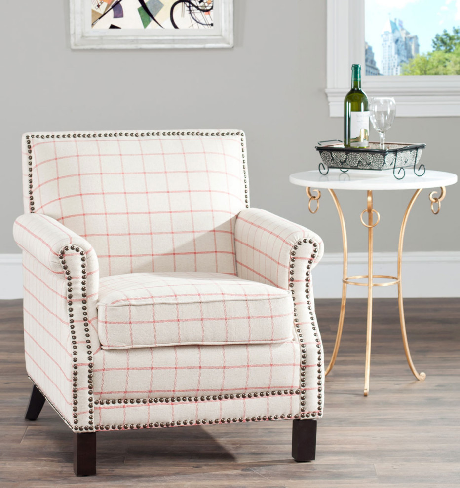 Jennifer Club Chair  Plaid Brass Nail Heads Taupe/Orange   Farmhouse   Armchairs And Accent Chairs   by Rustic Home Furniture Deco  Houzz