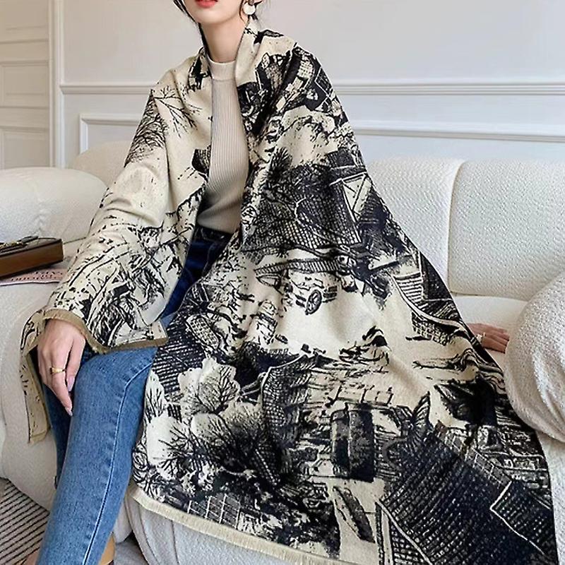 Women Casual Landscape Painting Print Long Shawl Animal Printed Large Blanket