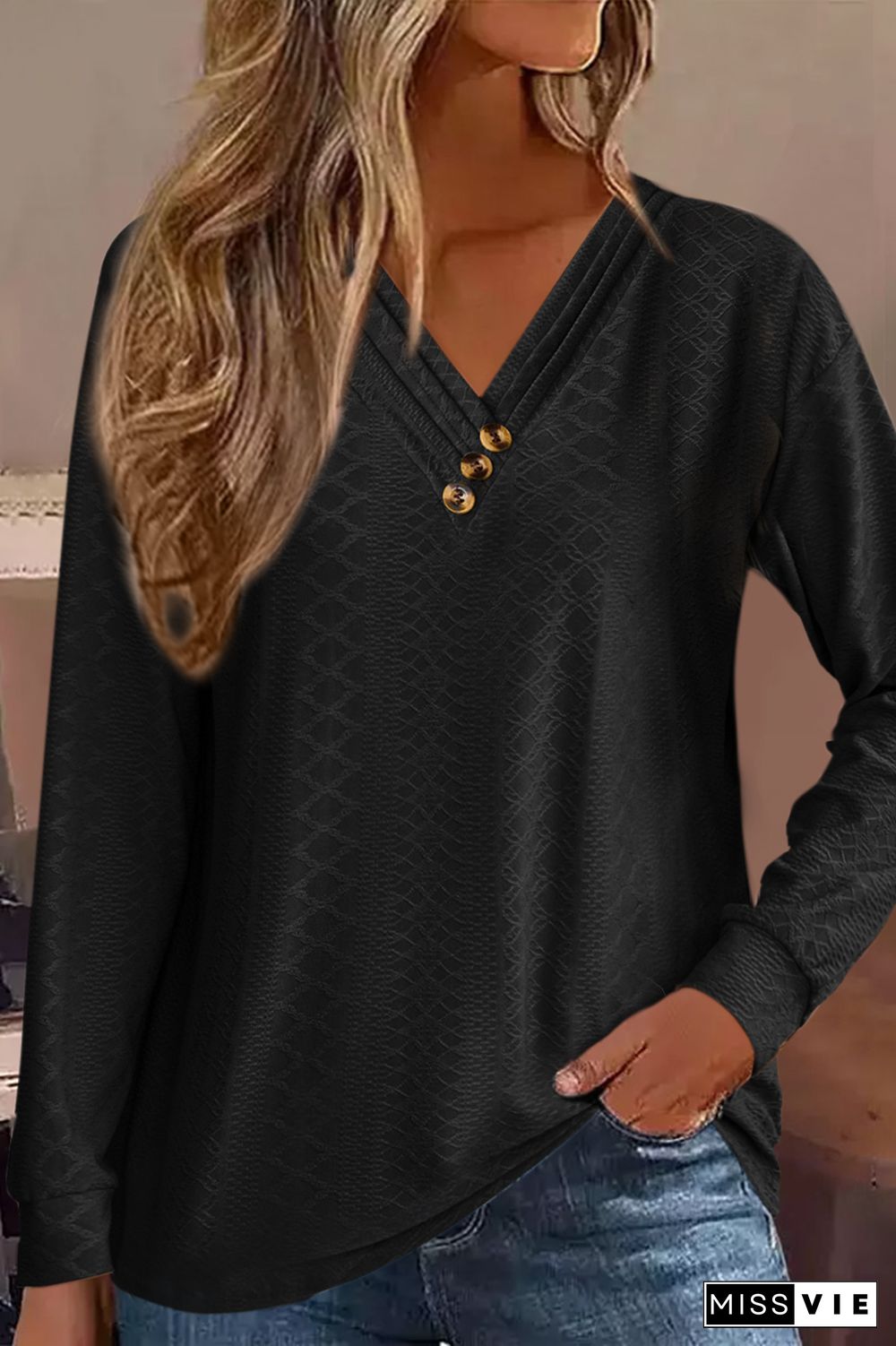 Jacquard Button Front V Neck Blouse