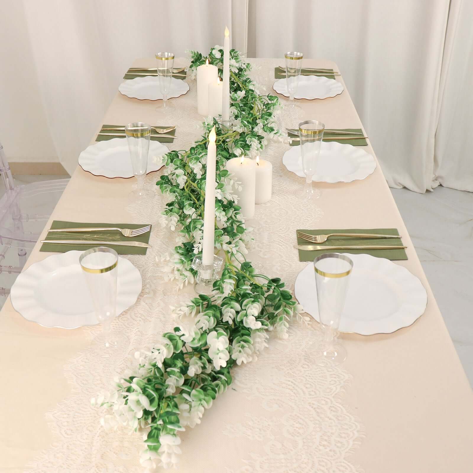 White / Green Artificial Eucalyptus Leaf Table Garland, Real Touch Hanging Greenery Vine 6ft