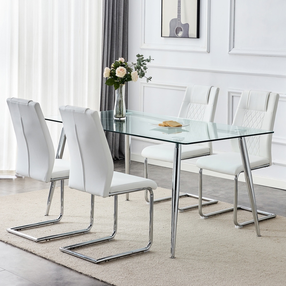 5 PCS Dining Table Set Table and Chair Set w 1 Table and 8 Chairs Glass Table Top Metal Table Legs