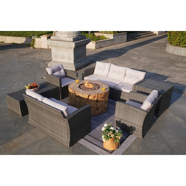 7Piece Outdoor Wicker Conversation Sofa Set with Fire Pit