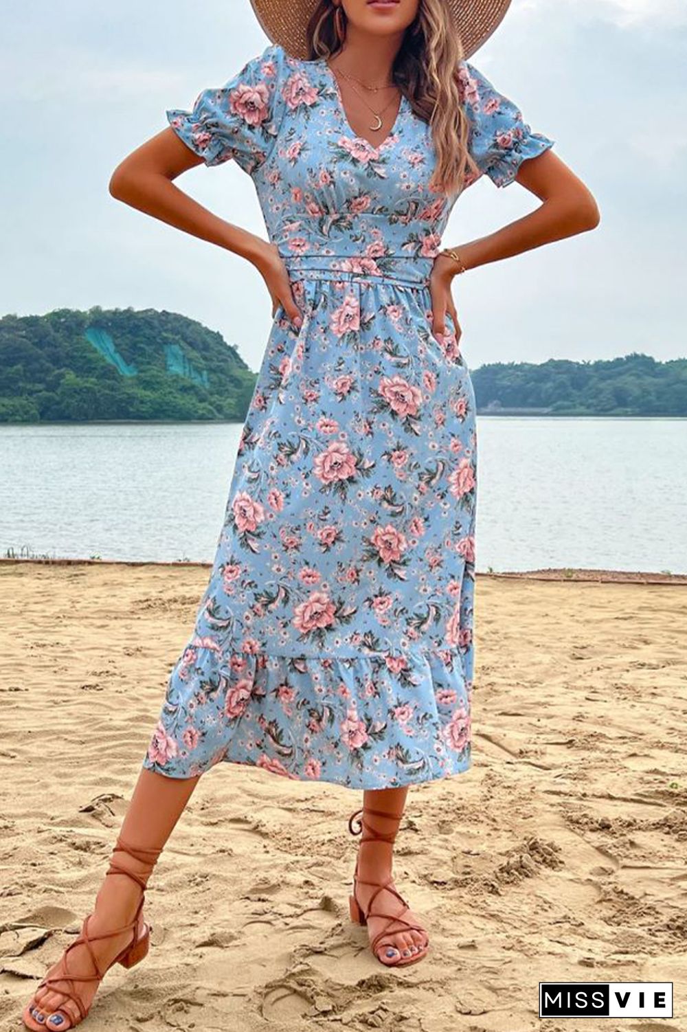 Puff Sleeve Flower Print V Neck Midi Dress Wholesale