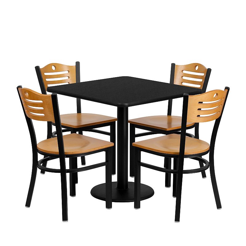 Emma and Oliver 30'' Square Laminate Table Set with 4 Wood Slat Back Metal Chairs