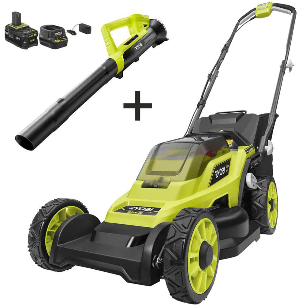 RYOBI ONE 18V 13 in Cordless Battery Walk Behind Push Lawn Mower and Leaf Blower with 40 Ah Battery and Charger