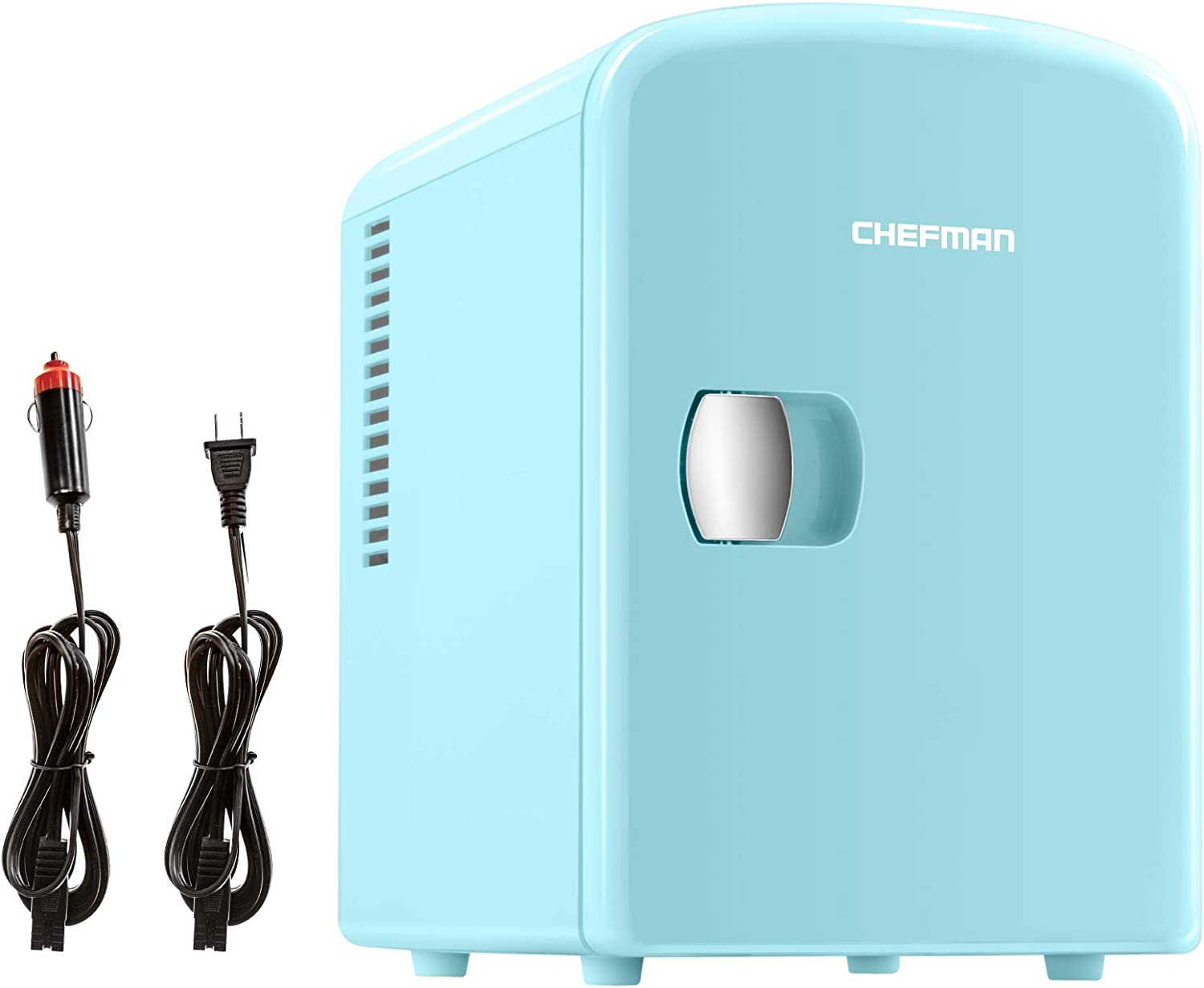 Chefman Mini Portable Blue Personal Fridge Cools Or Heats and Provides Compact Storage For Skincare， Snacks， Or 6 12oz Cans W/ A Lightweight 4-liter Capacity To Take On The Go