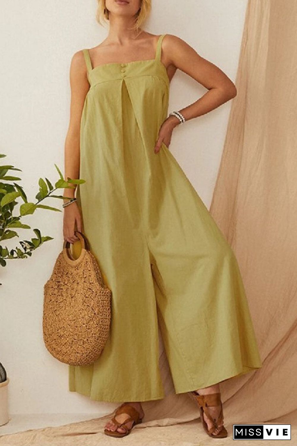 Fashion Casual Solid Split Joint Spaghetti Strap Loose Jumpsuits