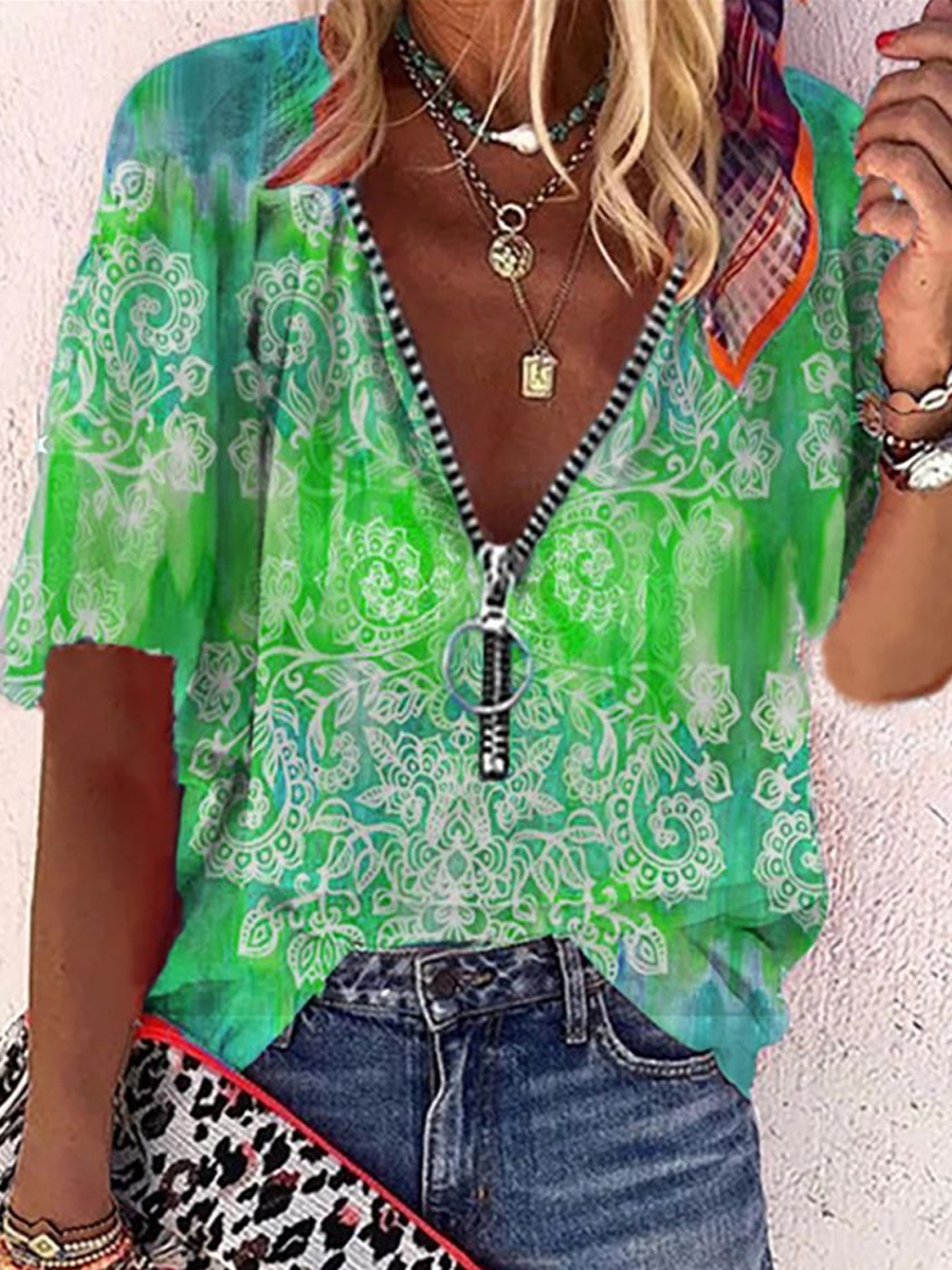 V-neck Zip Ethnic Print Short Sleeve Blouse