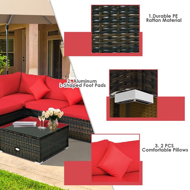 Costway 5pcs Patio Rattan Furniture Set Sectional Conversation Set W red Cushions