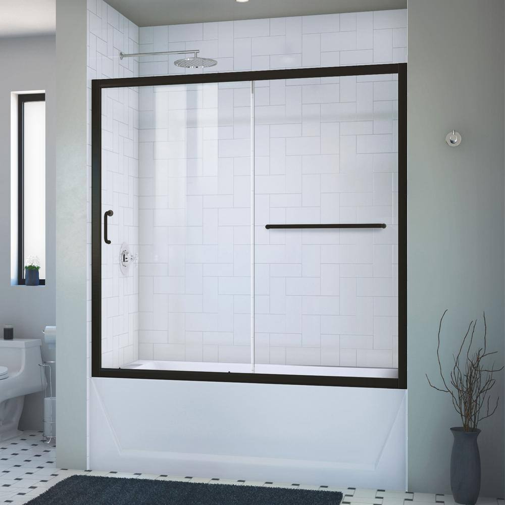 DreamLine Infinity-Z 56- 60 in. W x 58 in. H Sliding Semi Frameless Tub Door in Satin Black Finish with Clear Glass SHDR-0960580-09