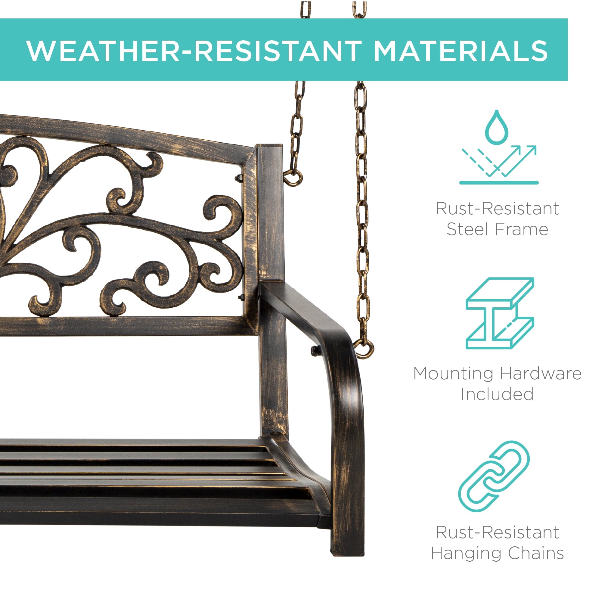 Best Choice Products 2-Person Metal Outdoor Porch Swing, Hanging Steel Patio Bench w/ Floral Accent - Bronze