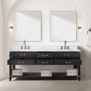 Lexora Irvington 80 in W x 22 in D Black Oak Double Bath Vanity Carrara Marble Top Faucet Set and 36 in Mirrors LVI80DJ111