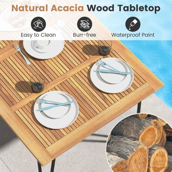 Rectangular Patio Dining Table for 8 with Acacia Wood Tabletop and Umbrella Hole