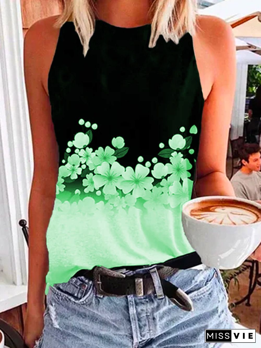 Sleeveless Casual Crew Neck Cotton-Blend T-shirt