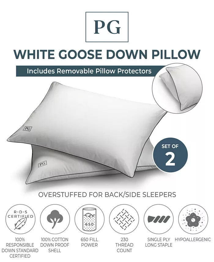 Pillow Guy White Goose Down Firm Density Stomach Sleeper Pillow with 100% Certified RDS Down， and Removable Pillow Protector - Set of 2， Full Queen