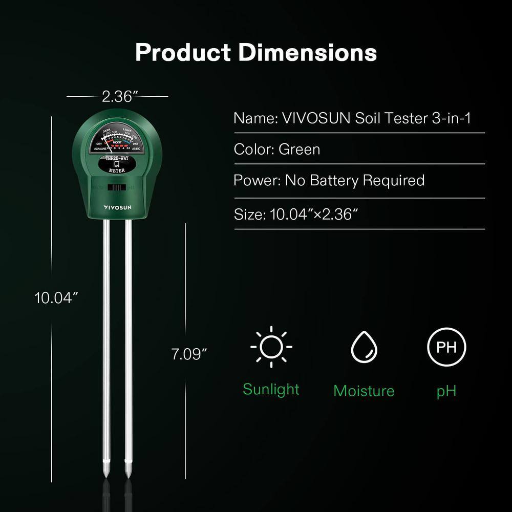 VIVOSUN 10.04 in. x 2.36 in. Plant Moisture Meter Light PH 3-in-1 Soil Tester wal-ST-003