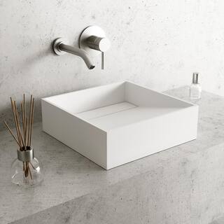 VIGO Starr Modern White Matte Stone 15 in. L x 15 in. W x 5 in. H Square Vessel Bathroom Sink VG04022