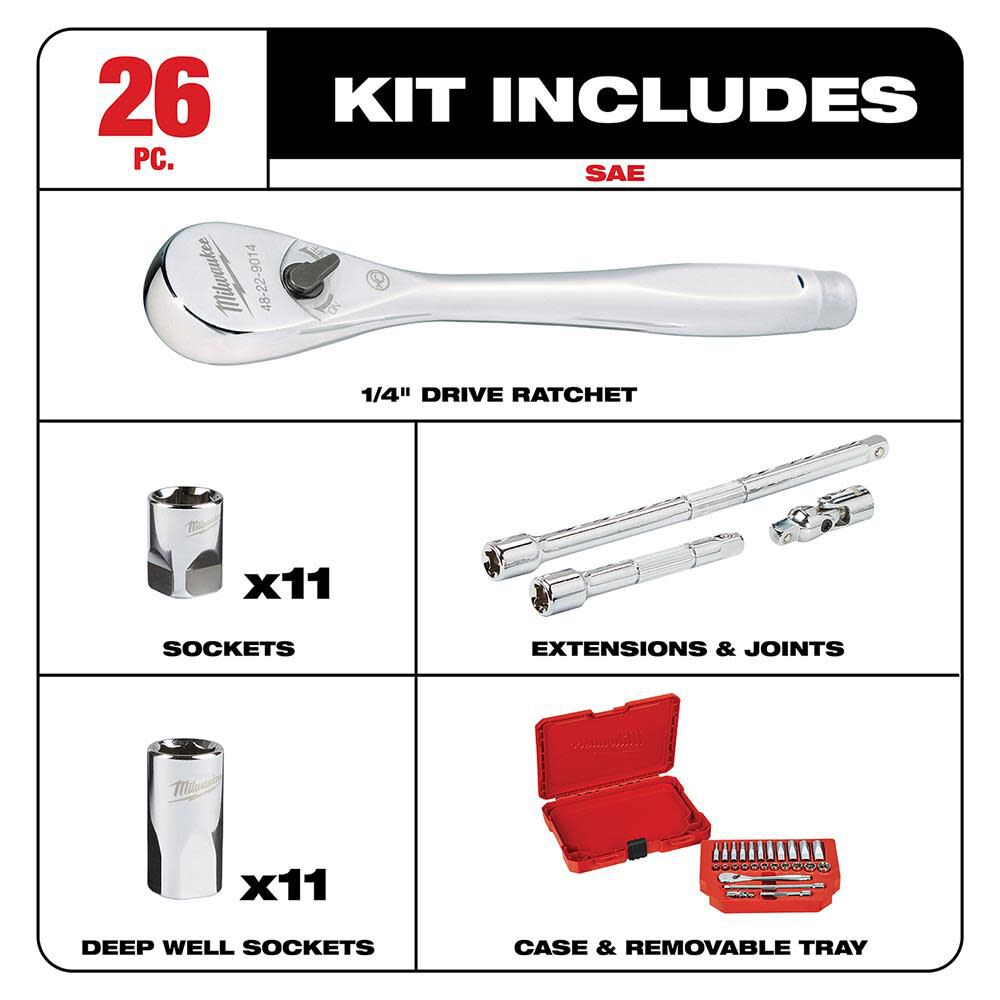 Milwaukee 1/4 in. Drive 26 pc. Ratchet and Socket Set - SAE 48-22-9404 from Milwaukee