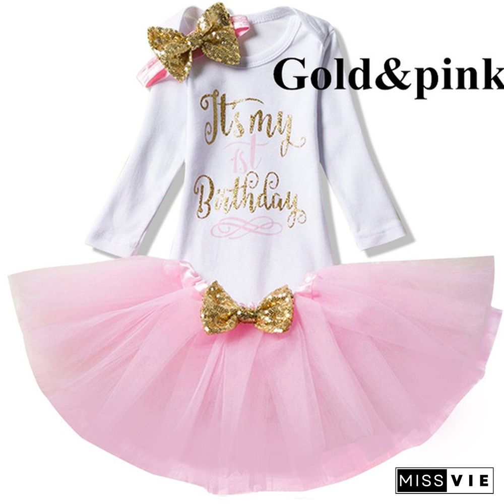 4 Style Baby Girl Princess One Year Old Birthday Christmas Dress 3 Pcs Set Romper + Skirt + Headband Long Sleeve Jumpsuit Autumn Winter Outfits Sets