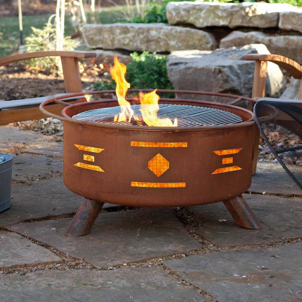 Mosaic 29 in. x 18 in. Round Steel Wood Burning Fire Pit in Rust with Grill Poker Spark Screen and Cover F101